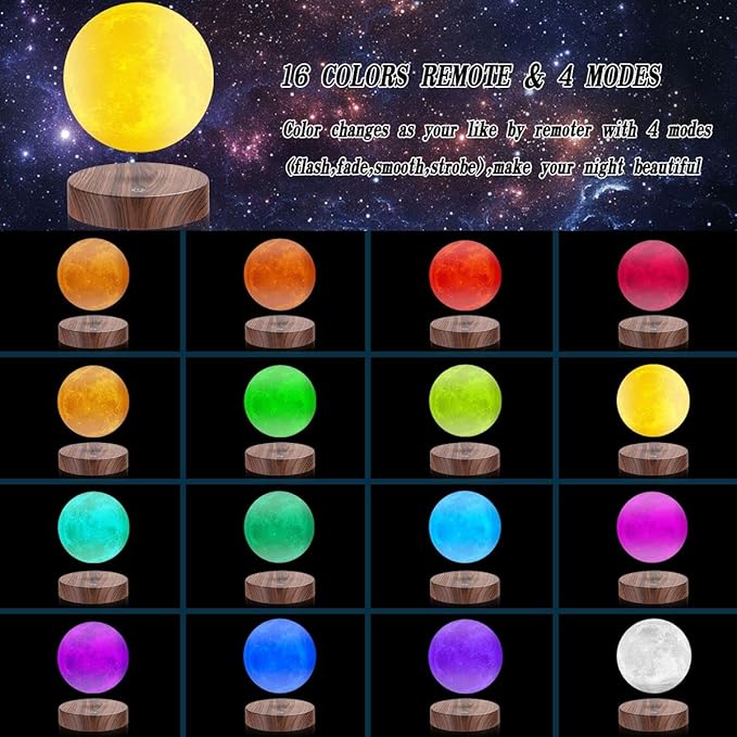 VGAzer 16 Colors Magnetic Levitation Moon Lamp,3D Printing Moon Table Lamp Personalized Bedside Night Light Creative New Year Christmas Gift