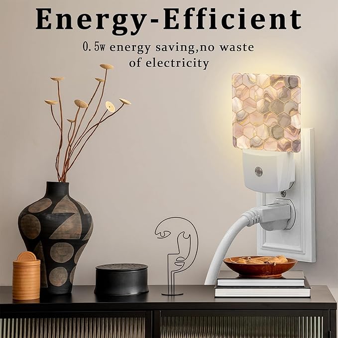 Pink Golden Ink Hexagon Night Light, Abstract Fluid Marble Dusk to Dawn Night Light Plug in,0.5w Energy Saving Sleep Friendly NightLight for Kids Boys Girls Home Decor