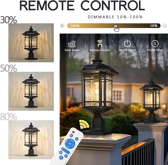 Emliviar 20.5" Solar Post Light Outdoor, Large Black Solar Column Light Head with Remote Control, LED Exterior Fence Lamp with Water Grain Glass, 22021MP-SL BK