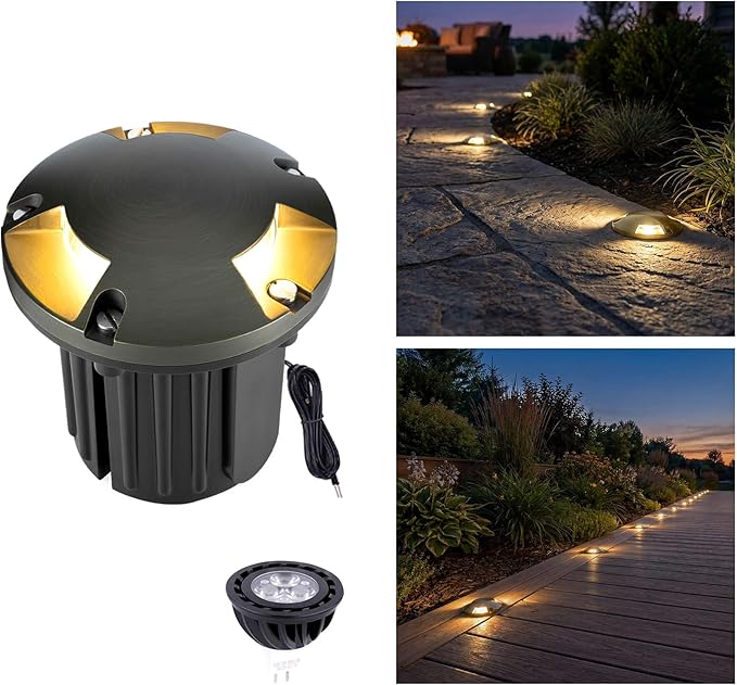 Gardenreet In Ground Well Light - Brass Low Voltage Waterproof Ip65 Outdoor Landscape Lighting, LED 12V In-Grade Turret Top Light, Antique Bronze for Walkway Patio Deck with 2700K Warm White MR16 Bulb