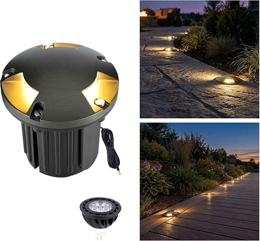 Gardenreet In Ground Well Light - Brass Low Voltage Waterproof Ip65 Outdoor Landscape Lighting, LED 12V In-Grade Turret Top Light, Antique Bronze for Walkway Patio Deck with 2700K Warm White MR16 Bulb