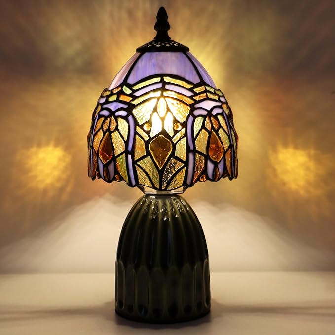Tiffany Lamp Stained Glass Mushroom Table Lamps 6X6X12.5 Inch Purple Jewelry Baroque Style Small Night Light Ceramic Base Mini Accent Desk Light Suitable for Bedside Table Bedroom Children Room