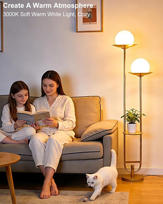 Lightdot 63IN Gold Floor Lamp with U Pole, 2 Globe Mid Century Standing Lamps Dimmable with 3000K Warm White LED Bulbs, Unique Vintage Tall Floor Lamp for Living Room/Wedding/Party
