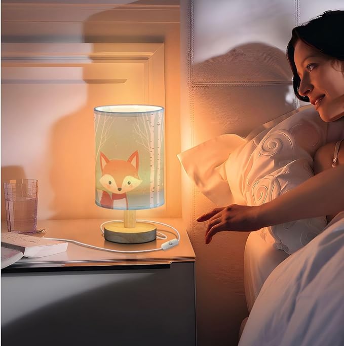 Fustylead Cute Fox in Forest Cartoon Animal Bedside Table Lamps with USB Port for Bedroom LampSmall Nightstand Lamp Sturdy Linen Shade Wooden Base Decorative Lamps for Nursery Kids Reading Dorm Home