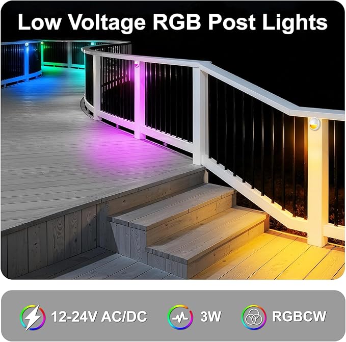 RGB Deck Lights Outdoor, 3W 12V Color Changing Low Voltage Post Lights for Outdoor Waterproof Deck Post Fence Railing Step, Wired LED Landscape Deck Lighting Accessories for Christmas, 12PK