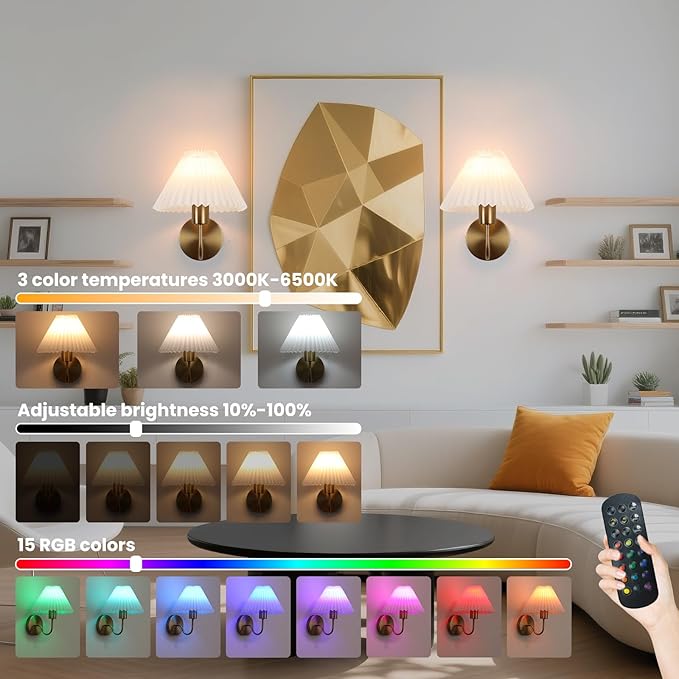 Rechargeable Battery Operated Wall Sconces Set of 2 Brushed Brass Wall Lights with Remote Dimmable Pleated Shades Wall Lamp 15 Colors Wireless Bathroom Vanity Light for Bedroom Living Room Hallway