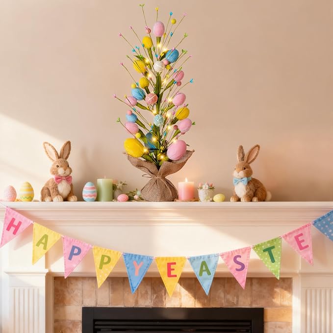 Easter Decorations Pre-Lit Easter Egg Tree with Timer Battery Operated,18inch Lighted Easter Tree Tabletop Decor with Eggs,LED Lights,Artificial Trees for Home Party Mantel Indoor Bedroom Spring