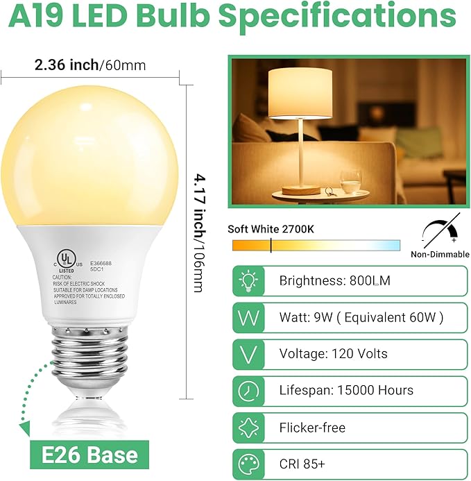 VOLIVO 12 Pack A19 LED Light Bulbs, Soft White 2700K, 9W(60 Watt Equivalent), 800 Lumens, 120V, E26 Standard Base