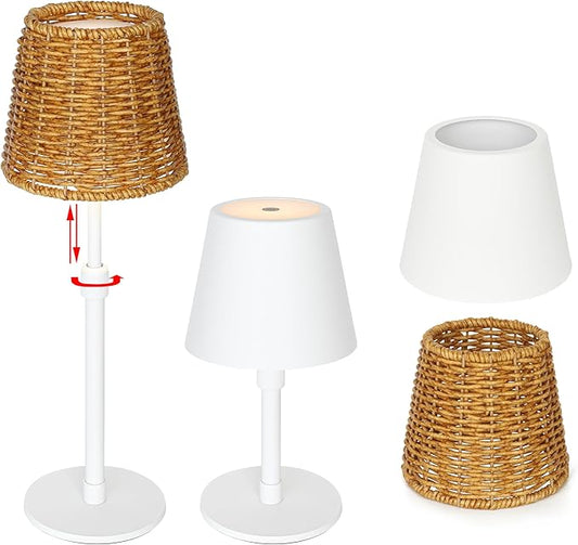 Mr.White Outdoor Waterproof Rechargeable Cordless Table Lamp with Telescopic Pole & Wicker Shade, 5200mAh Battery Operated Table Light with Touch Control, for Patio Restaurant Kitchen (White 2 Pack)