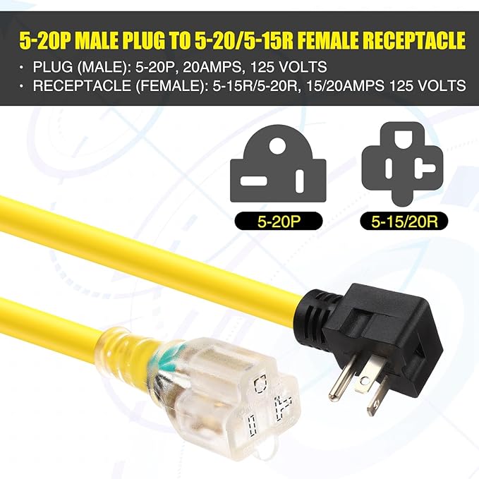 Kanayu 20 FT NEMA 5-20 Extension Cord, 5-20P Male Plug to 5-20/5-15R Female Receptacle, 20 Amp T-Blade Outlet Extension Power Cord with Indicator Light, 12 AWG, ETL Listed
