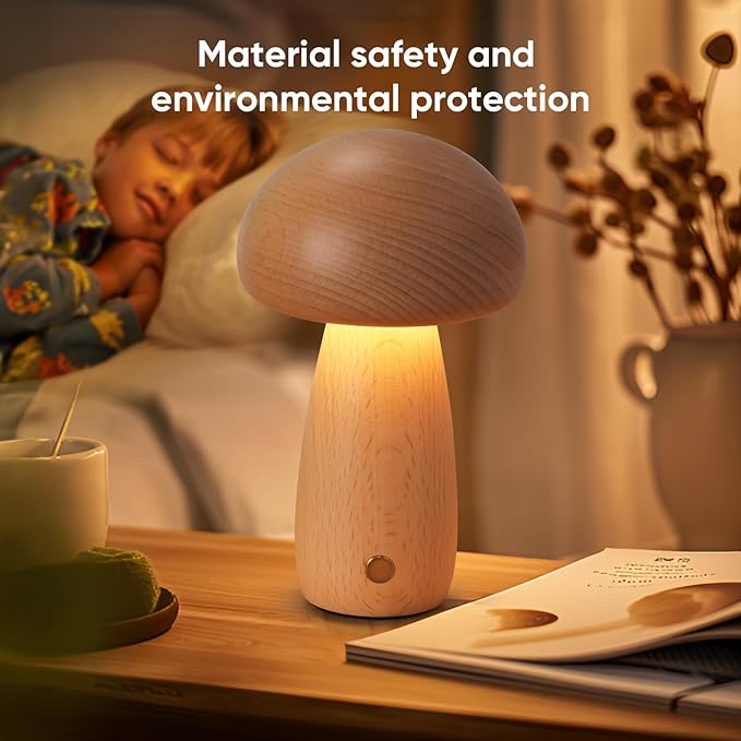 Wooden Mushroom Lamp for Bedroom, Portable Cordless Small Rechargeable Battery Operated Lamp,Stepless Dimming, Night Light for Birthday Gifts