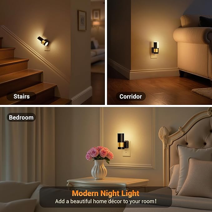JandCase Plug in Night Light, Rotating Night Light with Dusk to Dawn Sensor, Dimmable 0-100LM Adjustable Brightness, 360°Rotatable, LED Warm White Nightlight for Bathroom Bedroom, 2 Pack