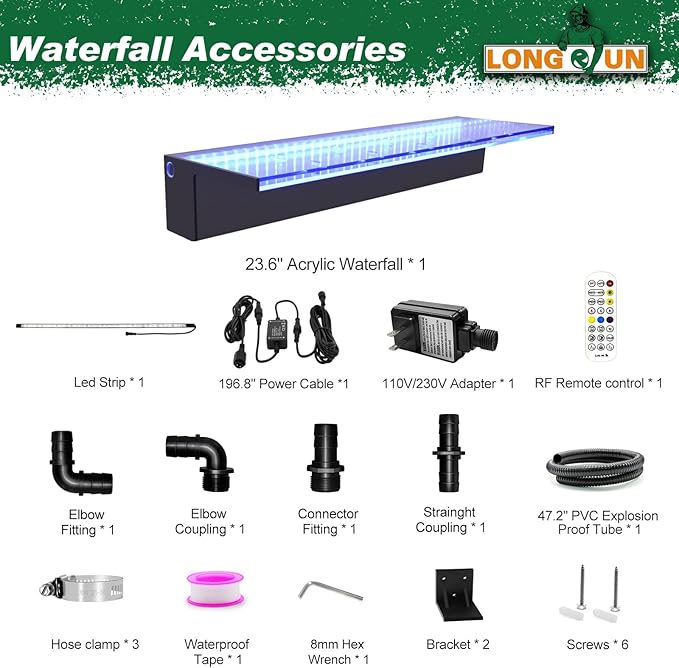 LONGRUN Waterfall Spillway, APP Control Multi-Color LED Light Outdoor Pool Fountain, Acrylic Water Spillway Koi Pond Waterfalls Fountains Kit for Garden Patio Swimming Pool Decoration-23.6"
