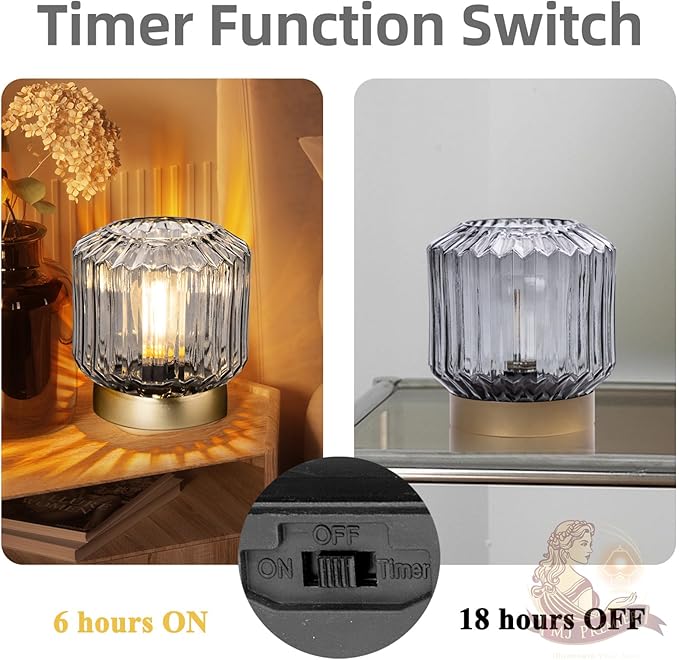 MJ PREMIER Battery Operated Lamp with Timer Cordless Lamps for Home Decor Battery Powered Nightlight with LED Bulb Decorative Glass Beside Lamp for Valentine's Gift Bathroom Bedroom Living Room Grey
