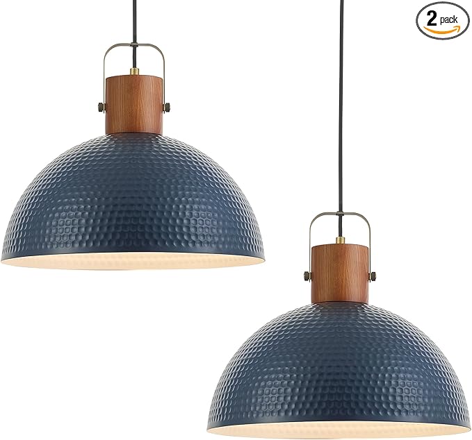 ELYONA 2 Pack Large Ash Wood Pendant Light Fixtures 16 Inch Hammered Metal Dome Hanging Lamp with Brass Handle Chandeliers for Farmhouse Kitchen Island Dining Room Sink Bedroom Hallway, Modern Blue