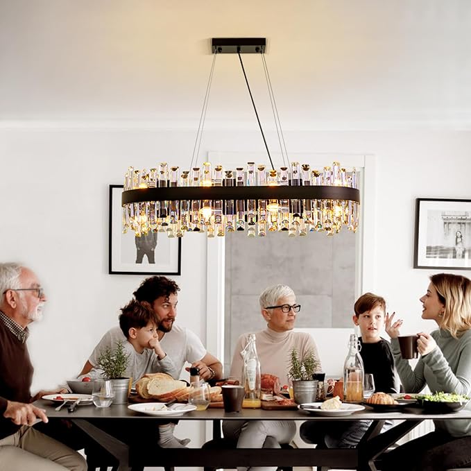 Siljoy Modern Crystal Chandelier Luxury Black 2-Tiers Raindrop Chandelier Adjustable Oval K9 Crystal Ceiling Light Fixture for Dining Room Kitchen Island Bar L35.4'' x W15.7'' x H9.8'', E12 x 16