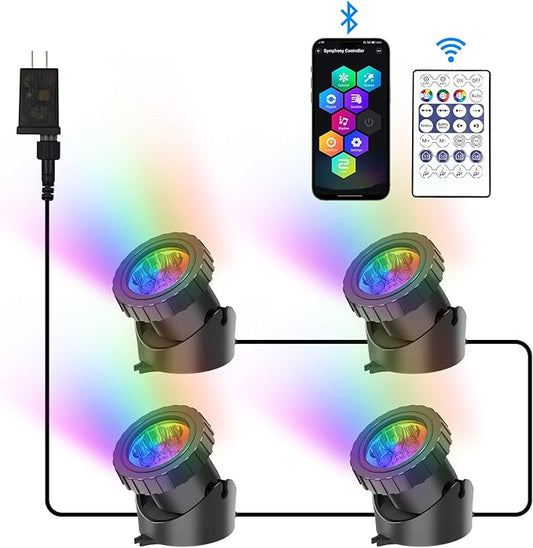 RGB Underwater Pond Lights, Super Bright LED Submersible Fountain Lighting Colored Landscape Spotlights, Bluetooth APP Control IP68 Waterproof for Fish Aquarium Tank Garden Yard Pool (Set of 4)