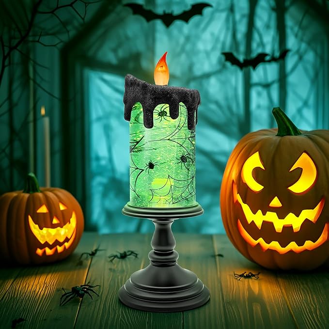 Halloween Spider Snow Globe Candle – LED Flameless Candle with Black Drip, Spooky Spider Web Design, Battery Operated Halloween Decoration for Table, Mantel, Party, Indoor Decor