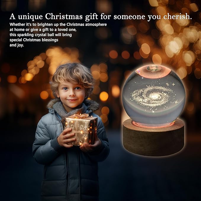 3D Galaxy Crystal Ball Night Light & Planet Lamp - 3.15" Glass Sphere, Automatic Color Change with 16 Colors & 4 Modes - Ideal Decorative Gift for Boy Girls Friends (2-Galaxy, 3.15" (Inch))