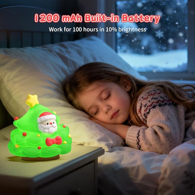 Christmas Tree Night Light, Touch Control LED Lamp, Silicone Green with Yellow Star, USB Rechargeable, 3 Brightness with Auto-Off Feature, Indoor Bedroom Decor