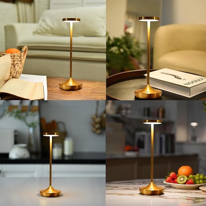 Rechargeable Table Lamp Cordless - 6000mAh Battery Operated LED Table Light - Portable Touch Dimmable Outdoor Waterproof Table Lamps for Patio Restaurant Dining (Gold)