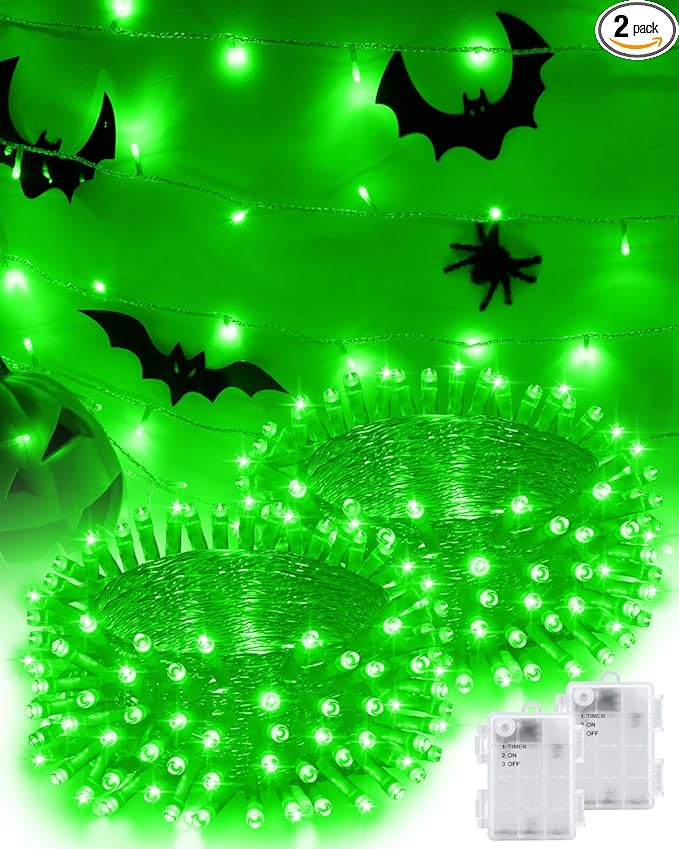 Halloween Lights Battery Operated, Green Fairy Lights with Timer Waterproof 16.4ft 50 LED Halloween Decorations for Outdoor Indoor Patio Home Party Garden Yard Decor 2 Packs