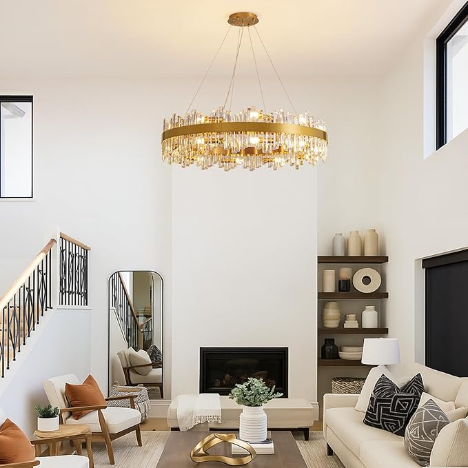 Siljoy 20-Light Modern Crystal Chandeliers, Large Brushed Gold 2-Tiers Raindrop K9 Crystal Ceiling Light, 3 Way Dimmable Pendant Lighting Fixture for Dining Living Room Kitchen Island Bedroom D39.4''