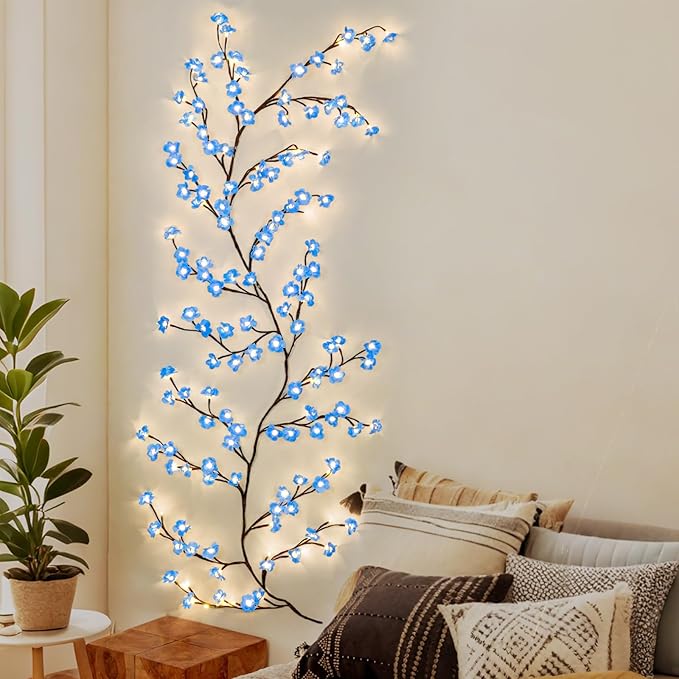 7.55 FT 144 LED Blue Cherry Enchanted Willow Vine Lights,Cherry Blossom Light with Remote Timer,8 Lighting Modes,LED Tree Branch Lights for Wall,Cherry Blossom Wall Decor for Bedroom Living Room