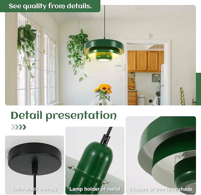 Set of 2 Green Pendant Lights, Small 3-Layer Metal Shade Chandeliers, Modern Farmhouse Island Lights for Kitchen Over Sink, Foyer, and Dining Room