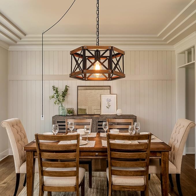 Rustic Farmhouse Plug in Pendant Light Fixture with Adjustable Chain, Dimmable Switch, 14.5 inch Industrial Oak Wood and Metal Cage Hanging Lamp for Kitchen Island Dining Room Farmhouse, Black