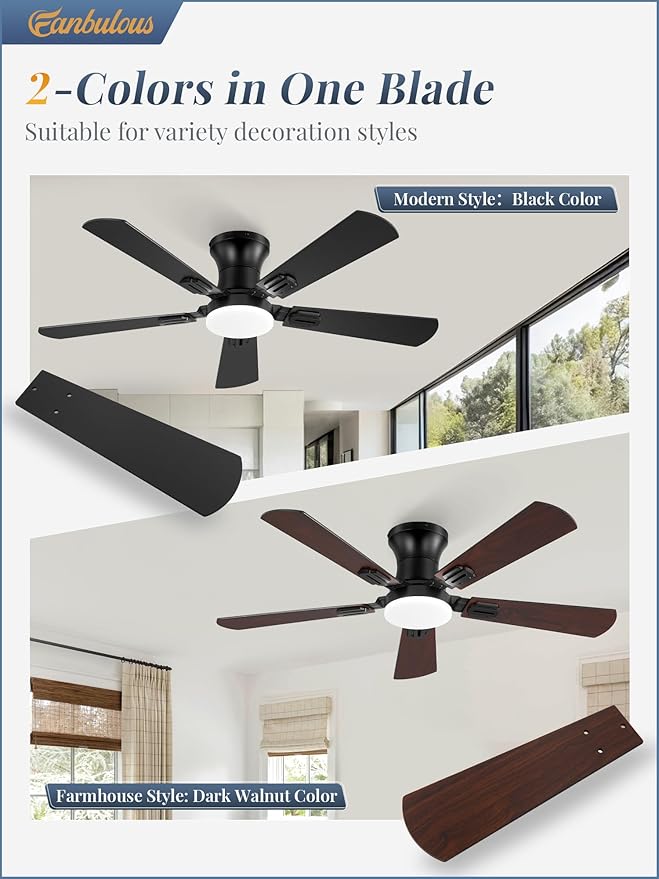 Fanbulous 42 Inch Ceiling Fans with Lights and Remote, Low Profile Indoor Black Ceiling Fan with 6 Speeds & 3CCT, Flush Mount, Dual-Finish 5 Blades,Quiet DC Motor for Living Room Bedroom(2 Pack)