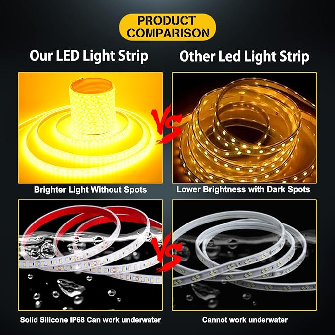 YM E-Bright Yellow Led Strip Lights Flexible Waterproof 5M /16.4Ft 600SMD with 12V 5A Power Supply for TV Under Cabinet Bedroom Party Stage Holiday Garden Indoor Outdoor Decoration
