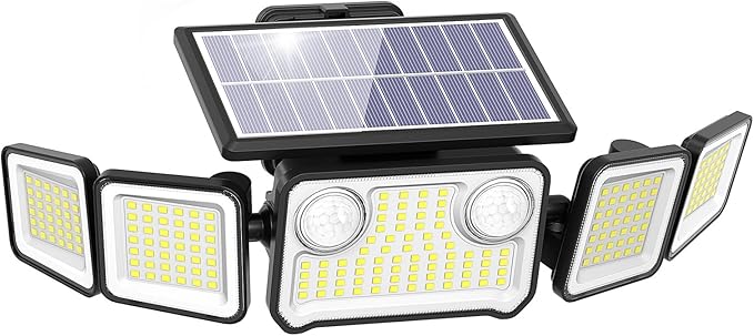 6000LM Solar Lights Outdoor, 5 Heads Solar Security Lights with Remote Control, IP65 Waterproof Motion Sensor Light 3 Modes Flood Light for Wall, Porch, Yard, Outside, 1 Pack