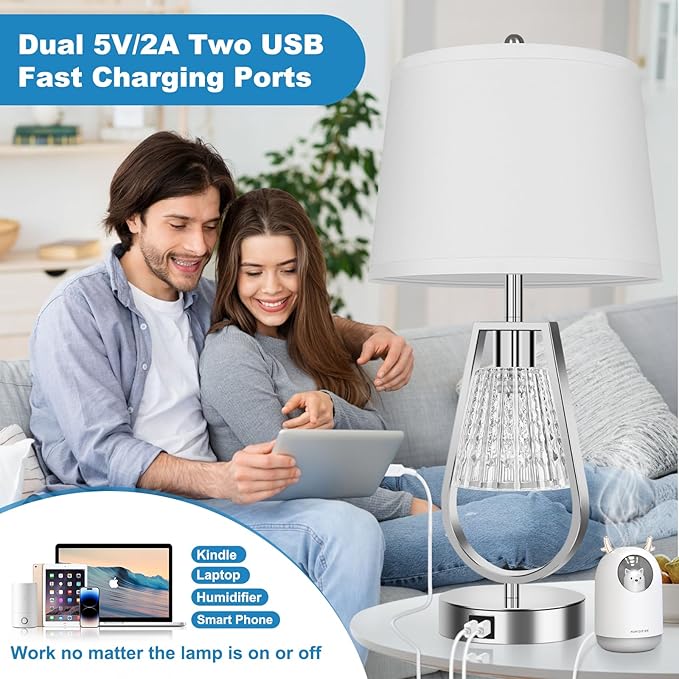 VerRon Table Lamp with Night Light Set of 2, Touch Control Bedside Lamps with 2 USB Ports, Dimmable Nightstand Lamps for Bedroom, Living Room Table Lamps with White Shade & 4 Bulbs, Brushed Nickel