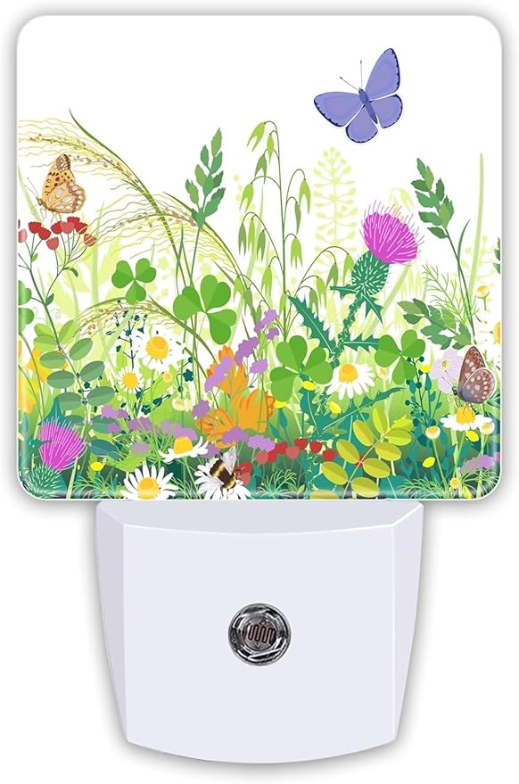 Spring Butterfly Plug-in LED Night Light,Floral Wildflowers Auto Dusk to Dawn Sensor Nightlights Plug into Wall,Flower White Energy Efficient Night light for Bedroom,Bathroom,Kitchen,Stairs,Hallway