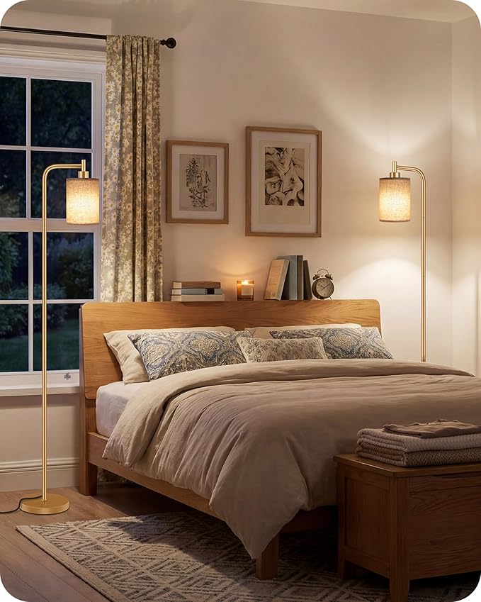 2Pack Dimmable Floor Lamp for Living Room with Remote and Foot Switch, Modern Standing, Corner Lamp,10W Bulb 3 Color Temperatures, for Bedroom, Office, ETL Listed, Gold and Beige DE19LDP205