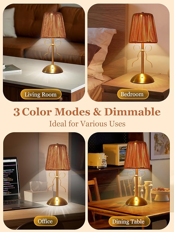 Boho Bow Rattan Table Lamp, Cordless Wicker Woven Vintage Table Lamp - LED Rechargeable Touch Control 3 Color Dimmable Reading Bedside Lamp for Bedroom Living Room Office, Home Outdoor Decor