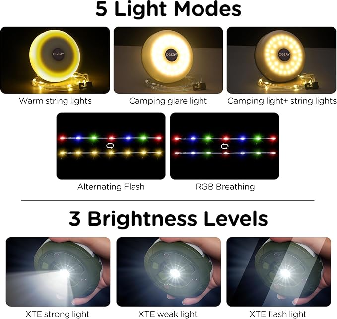 OGERY Camping String Lights, 4 in 1 Quick Storage 32.8FT Rechargeable Tent Lights String with 8 Lighting Modes, Hanging Waterproof Portable LED Lamp for Outdoor Patio Awning Garden Party Essentials