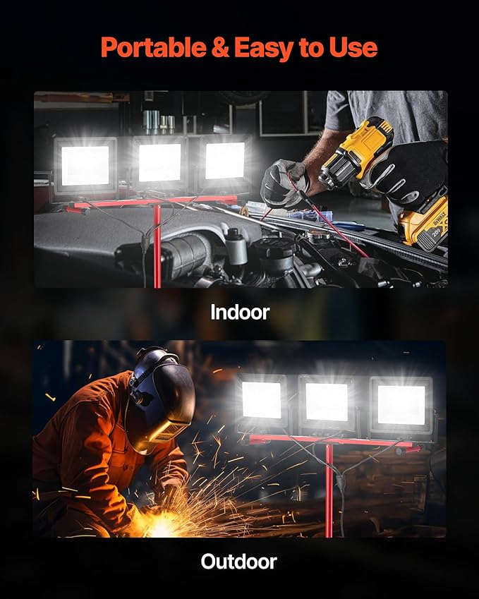 VEVOR LED Work Light with Stand, 21000 Lumens, Three-Head Portable Camping Light with Individual Switch, Tripod Stand, 10.83 ft Power Cord, for Indoor Outdoor Job Site Construction, IP65 Waterproof