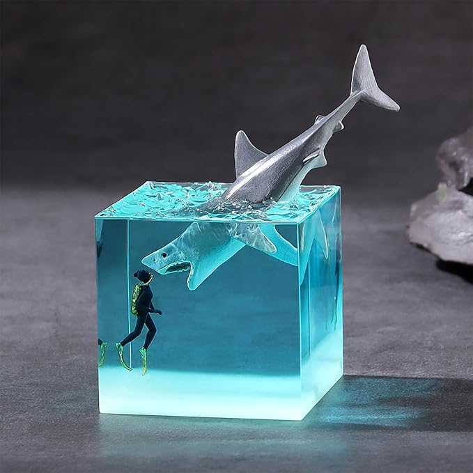 Deep Sea Diving Night Light Shark and Diver Ocean Lights Unique Handmade Decorative Bedroom Table Lamp with USB Stand Ornament, Best Gift for Family Or Friends (Diver&Shark)