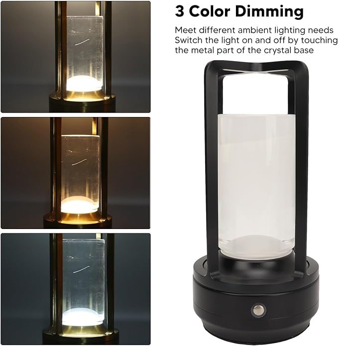Cordless Table Lamp, Crystal Lampshade 3 Color Temperatures Touch Control USB Rechargeable LED Desk Lamp for Home (Black)