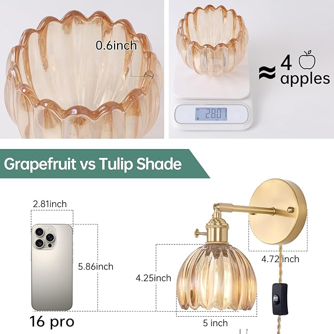 Plug in Wall Sconce,Cute Amber Tulip Glass Lampshade Wall Light Plugin Corded for Bedside Bedroom Doorway