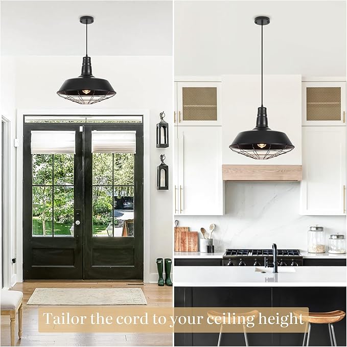 Black Farmhouse Pendant Light, 18.1 Inch Large Pendant Lights Kitchen Island, Industrial Pendant Light with Wire Cage, Barn Light 1 Pack, Island Pendant Lights for Kitchen Barn Dining Room