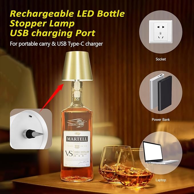 2025 New Wireless Bottle Lamp - LED Bottle Lights for Liquor & Wine Bottles, Cordless Lampshade, Whiskey Bottle Top Light, Bottle Stopper Night Light Kit, Rechargeable 3-Tone Touch-Dimmable