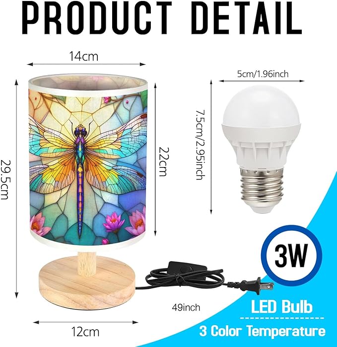 Dragonfly Table Lamp LED 3-Color Pressed Bedside, Dragonfly Shade Lamp with Wood Base for Bedroom Living Room Desk Office TL01