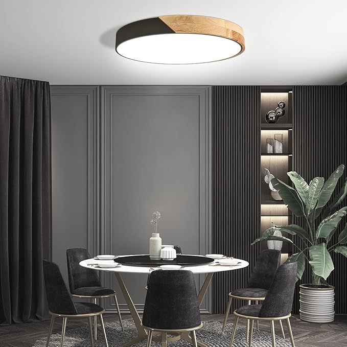Led Ceiling Light Flush Mount: 15.8 Inch 30W Bedroom Light Fixture with Round Wood Modern Black Flat Overhead Minimalist Ceiling Lamps for Kitchen Hallway Laundry Cold White 6000K, Not Dimmable