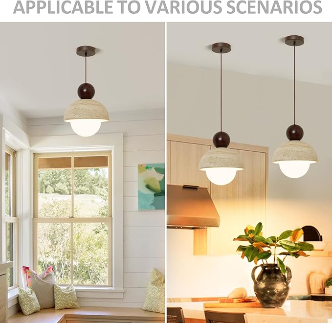 Japanese Light Fixture Wabi-Sabi Style Natural Yellow Travertine Pendant Light with Glass and Solid Wood, Mini Hanging Light Fixture for Kitchen Island, Dining Room, Bedroom, Compatible with G9 Bulb