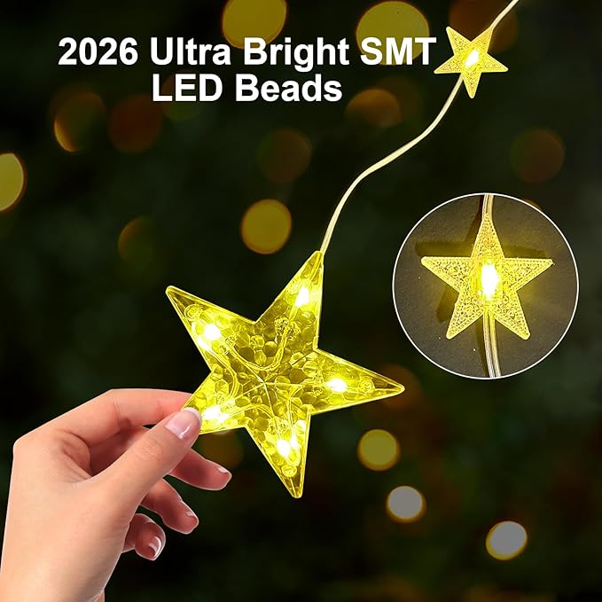 GLOONITY Decorative String Lights for Celebrating Birthdays, Easter, Christmas, Halloween, Indoor Light Fixtures, 46Leds Waterproof Star Curtain Lights Battery Operated, Warm White LED Lamps