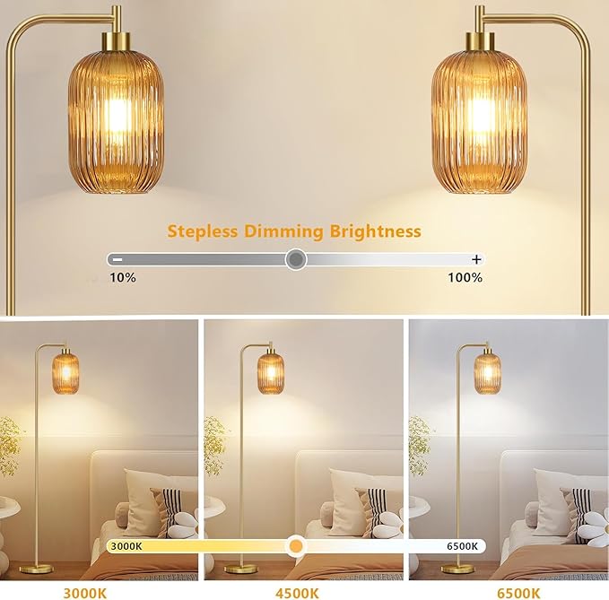 Floor Lamp for Living Room,Bedroom,Gold Dimmable Standing Lamp with Remote,Mid Century Modern Brass Tall Lamp Retro Vintage Glass Lamp Floor Light Boho Bohemian