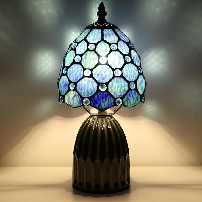Tiffany Lamp Stained Glass Mushroom Table Lamps 6X6X12.5 Inch Blue Ripple Pearl Style Small Night Light Ceramic Base Mini Accent Desk Light Suitable for Bedside Table Bedroom Children Room